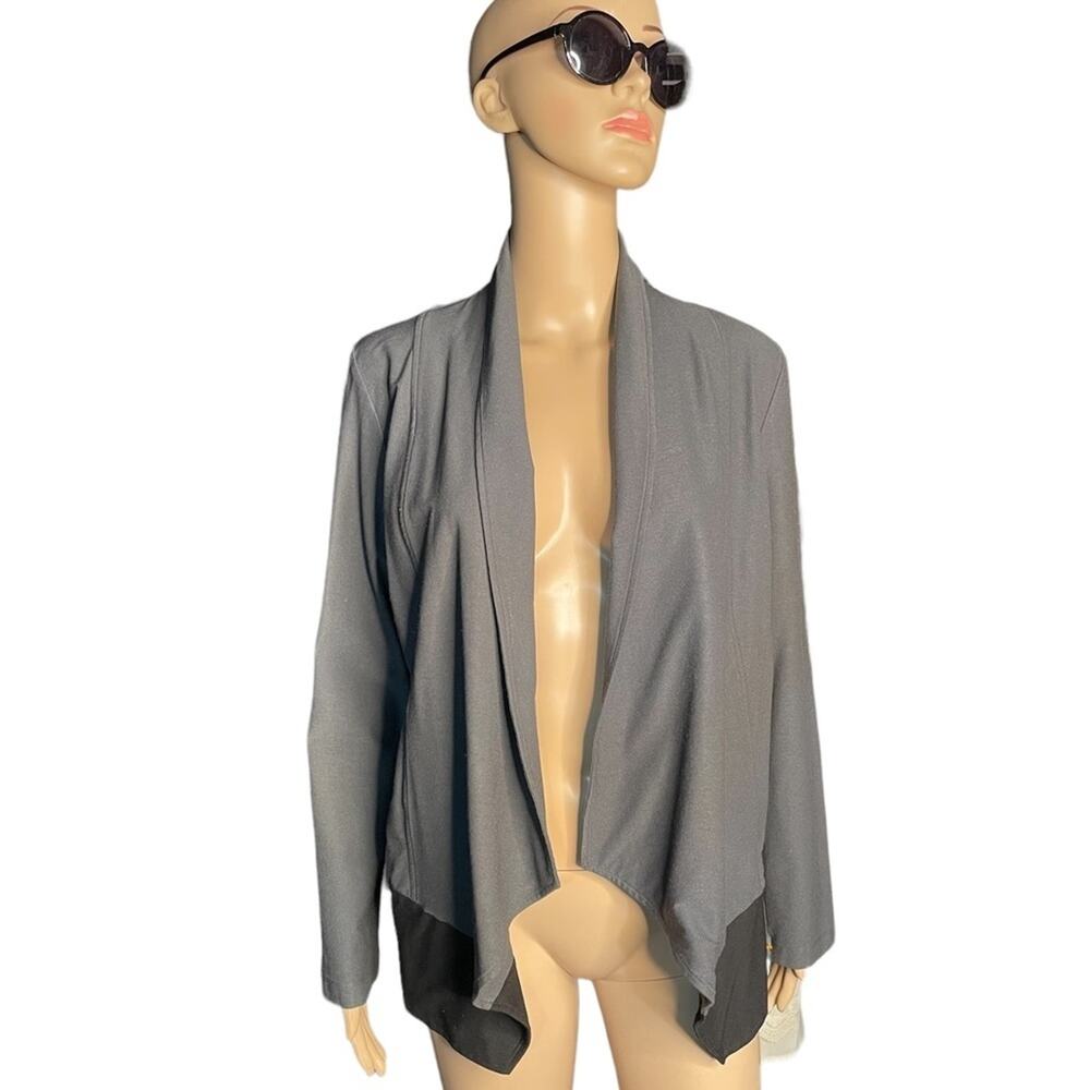 Eileen Fisher Jacket Womens M Gray Black Colorblock Blazer Waterfall Long Sleeve